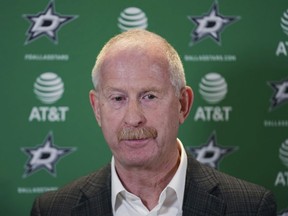 FILE - Dallas Stars general manager Jim Nill speaks to reporters during a news conference at the NHL hockey team's practice facility in Frisco, Texas, June 8, 2023. Ken Holland and Nill were teammates in junior hockey nearly a half-century ago with big aspirations as players. Their names are together on the Stanley Cup four times, not as players but rather for their front-office roles with the Red Wings during Detroit's run of championships from 1997-2008. Now they are general managers of opposing teams in the Western Conference finals, old friends both hoping to get to another Stanley Cup.