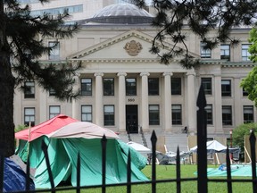A pro-Palestinian tent protest encampment at University of Ottawa on the Tabaret Lawn, May 28, 2024.