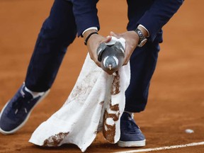 Chair umpire Damien Dumusois of France catches a pigeon that crashed onto the court during the third round match of the French Open tennis tournament between Tomas Machac of the Czech Republic and Russia's Daniil Medvedev at the Roland Garros stadium in Paris, Saturday, June 1, 2024.