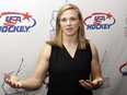 Three-time Olympic medalist Natalie Darwitz answers questions before being inducted into the U.S. Hockey Hall of Fame, Wednesday, Dec. 12, 2018, in Nashville, Tenn.