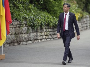 British Prime Minister Rishi Sunak arrives at the Ukraine peace summit in Obbürgen, Switzerland, Saturday, June 15, 2024. Switzerland is hosting scores of world leaders this weekend to try to map out the first steps toward peace in Ukraine.