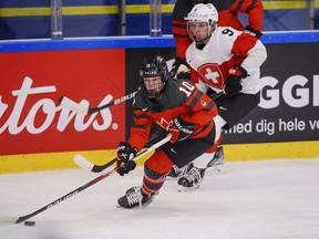 Sarah Fillier of Canada, front, in action with Shannon Sigrist of Switzerland during the IIHF world championship.