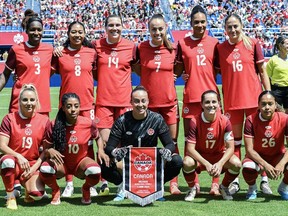 Canada pose for a team photo prior to first half international soccer action against Mexico in Montreal on June 1, 2024.