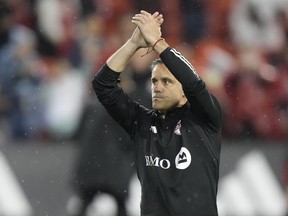 TFC head coach John Herdman thanks the fans after MLS action against New York City in Toronto on May 11, 2024.