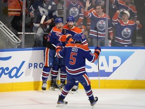 Edmonton Oilers Warren Foegele (37) celebrates his goal with teammates against the Florida Panthers during first period Game 6 action of the NHL Stanley Cup final on Friday, June 21, 2024 in Edmonton.