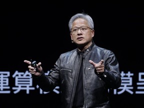 President and CEO of Nvidia Corporation Jensen Huang delivers a speech during the Computex 2024 exhibition in Taipei, Taiwan, Sunday, June 2, 2024.