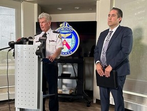 Toronto Police Supt. Ron Taverner (pictured at the podium) and Det.-Sgt. Phillip Chapman spoke to the media on June 3, 2024 at 23 Division in Etobicoke after the shooting at North Albion Collegiate. (Jack Boland,Toronto Sun)