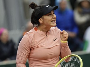 Canada's Bianca Andreescu clenches her fist after scoring a point against Italy's Jasmine Paolini during their third round match of the French Open tennis tournament at the Roland Garros stadium in Paris, Saturday, June 1, 2024. Andreescu continued her comeback from injury with a 6-4, 3-6, 7-6 (3) win over former world No. 1 Naomi Osaka of Japan in quarterfinal action Friday at the Libema Open.