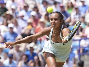 Canada's Leylah Fernandez returns to Russia's Daria Kasatkina on Day 8 of the Rothesay Eastbourne International at Devonshire Park, Eastbourne, England, Saturday June 29, 2024.