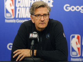 FILE - Minnesota Timberwolves head coach Chris Finch listens during a news conference after Game 2 of the NBA basketball Western Conference finals, May 24, 2024, in Minneapolis. The Timberwolves signed Finch to a four-year contract extension on Monday, June 24, 2024, coming off the franchise's best finish in 20 seasons.