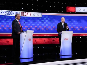 President Joe Biden, right, and Republican presidential candidate former President Donald Trump, left, during a presidential debate hosted by CNN, Thursday, June 27, 2024, in Atlanta.