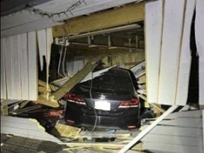 A teen is charged with impaired driving after a vehicle crashed into the Sleepy Hallow Railway House in Strathroy-Caradoc early on Monday July 1, 2024. (Strathroy-Caradoc police photo)