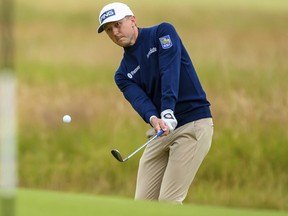 Mackenzie Hughes on the 1st hole during day three of the Genesis Scottish Open.