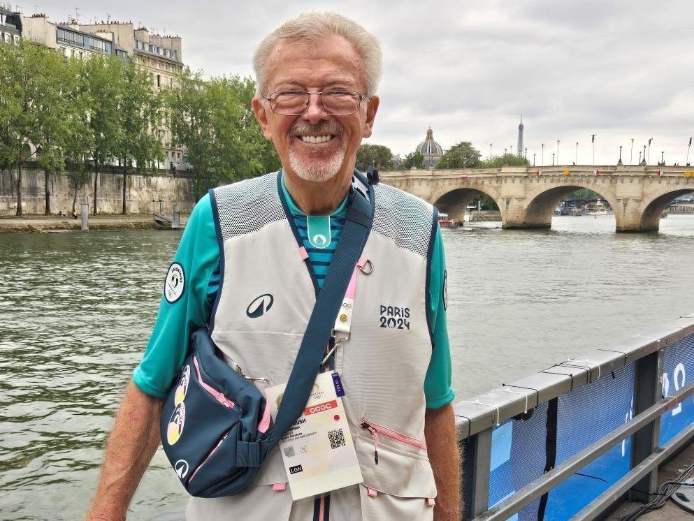 Londoner Dave Rush, 83, a volunteer at the Paris Summer Olympics, attends the opening ceremony on Friday, July 26, 2024. (Supplied)