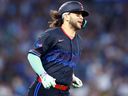 Blue Jays' Bo Bichette wears a City Connect jersey during a game in 2024.