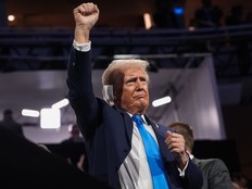 Republican presidential candidate, former U.S. President Donald Trump raises his fist on the second day of the Republican National Convention at the Fiserv Forum on July 16, 2024 in Milwaukee, Wisconsin.