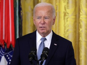 Presiden AS Joe Biden berbicara selama upacara Medali Kehormatan di Ruang Timur Gedung Putih di Washington, DC, Rabu, 3 Juli 2024.