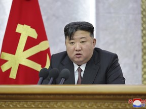 North Korean leader Kim Jong Un delivers a speech.