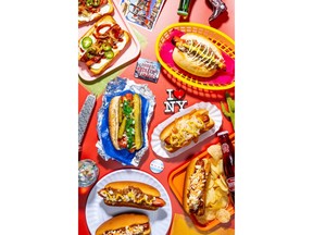 Regional hot dogs, clockwise from top right: Sonoran, New York, Carolina Slaw, Coney Island, Chicago and Seattle.