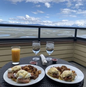 Eggs Benedict for two on our balcony at The Beach Club Resort in Parksville, B.C., on Vancouver Island. (Jane Stevenson/Toronto Sun)