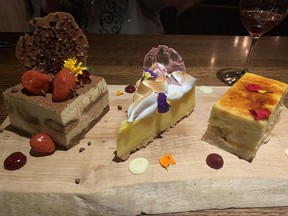 Tiramisu, lemon tart and orange creme brulee cheesecake came at the end of a food-wine pairing dinner at the Qualicum Beach Cafe in Qualicum Beach, B.C. on Vancouver Island (Jane Stevenson/Toronto Sun)