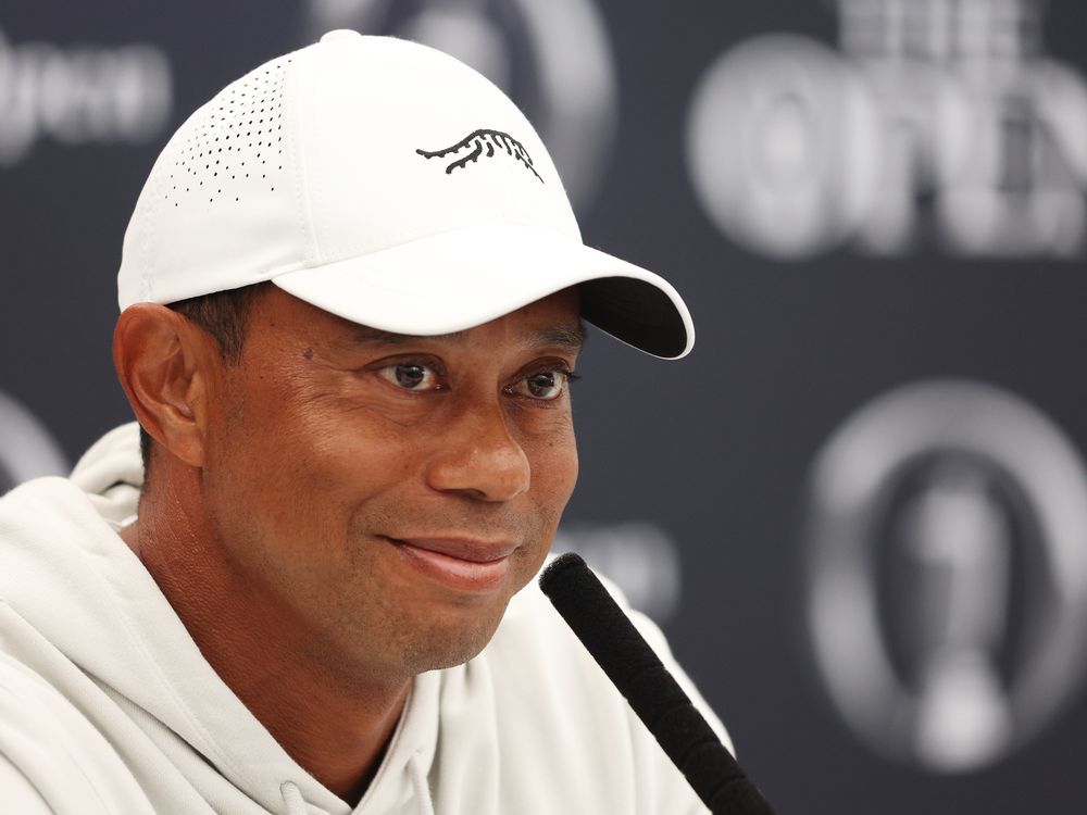 Tiger Woods of the United States talks to the media during a press conference prior to The 152nd Open championship at Royal Troon on July 16, 2024 in Troon, Scotland.