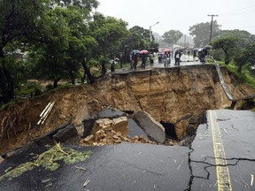 A view of a damaged road connecting the two cities of Blantyre and Lilongwe following heavy rains caused by Tropical Cyclone Freddy in Blantyre, Malawi, Tuesday, March 14 2023. The U.N. weather agency said Tuesday, July 2, 2024 that Tropical Cyclone Freddy, a deadly Indian Ocean storm that lashed eastern Africa last year, was confirmed to be the longest-lasting cyclone ever recorded at 36 days.