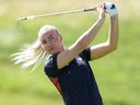 Charley Hull of Team Great Britain plays her second shot on the fifth hole during a practice round ahead of the Women's Individual Stroke Play on day eleven of the Olympic Games.
