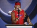 Professional wrestler Hulk Hogan speaks on stage on the fourth day of the Republican National Convention.
