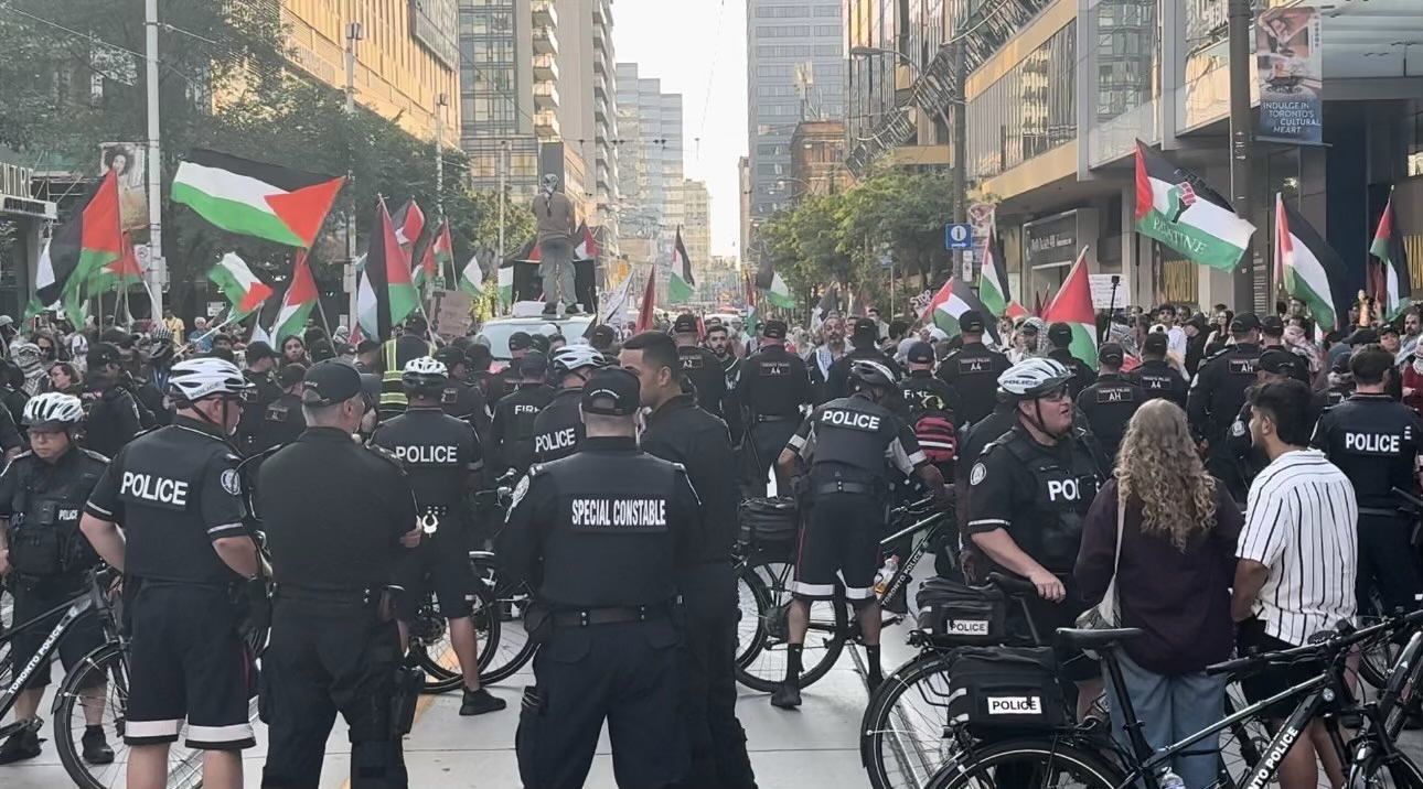 Toronto Police attend Pro-Palestinian demonstration at Yonge and Dundas Sts. in Toronto on Saturday August 3, 2024. Credit/Caryma Sa’d.  Toronto Police attend Pro-Palestinian demonstration at Yonge and Dundas Sts. in Toronto on Saturday August 3, 2024. Credit/Caryma Sa’d.