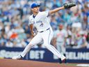 Chris Bassitt of the Blue Jays pitches against the Baltimore Orioles at Rogers Centre on August 6, 2024 in Toronto.