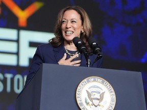 ARCHIVO - La vicepresidenta Kamala Harris pronuncia un discurso en una reunión de la hermandad de mujeres Sigma Gamma Rho en Houston, el 31 de julio de 2024, en Houston.