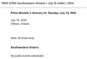 A programação enviada por e-mail para o primeiro-ministro Justin Trudeau, para terça-feira, 16 de julho. Apesar de não mostrar eventos, o primeiro-ministro realmente se encontrou com o prefeito de Kitchener, Ont. naquele dia