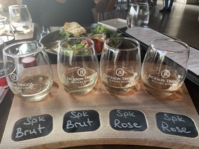 A tasting flight of Entourage Brut and Entourage Rose at Jackson-Triggs Estate.
