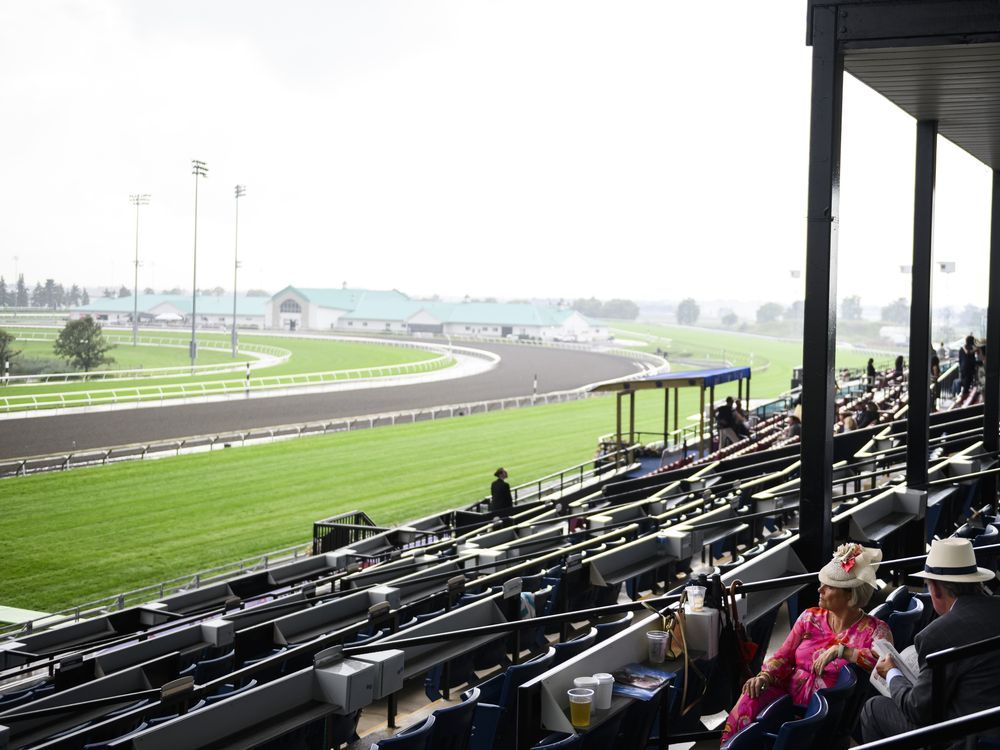 La gente se sienta en las tribunas del Woodbine Racetrack después de que un fuerte aguacero provocara la cancelación de parte del King's Plate, en Toronto el sábado 17 de agosto de 2024.