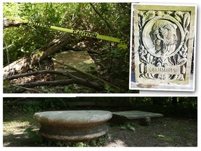 The Toronto Sun believes this massive face-down stone, top left, in a wooded part of Scarborough’s Guild Park, is the Columbus artwork that city staff ordered removed in 2021. At bottom is a base, a short walk away, where city staff say the stone, top right, was initially installed