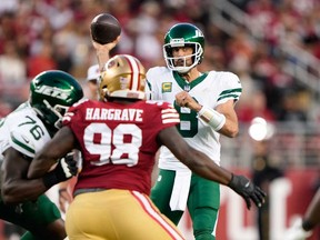 Quarterback Aaron Rodgers of the New York Jets throws a pass against the San Francisco 49ers during the third quarter at Levi's Stadium on Sept. 9, 2024 in Santa Clara, Calif.