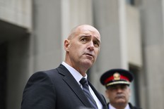 President of the Toronto Police Association, Jon Reid, speaks to members of the media following a not guilty verdict for Umar Zameer, in Toronto on Sunday, April 21, 2024.