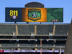 A view of the stadium scoreboard at the Oakland Coliseum is seen, Sept. 2, 2024, in Oakland, Calif. (AP Photo/Michael Liedtke)