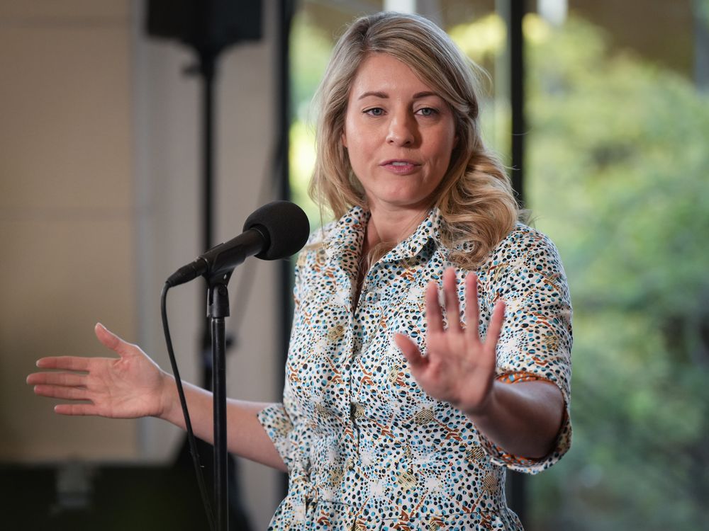 Foreign Affairs Minister Mélanie Joly speaks to reporters at the Liberal caucus retreat in Nanaimo, B.C., Tuesday, Sept. 10, 2024.