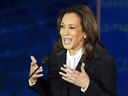 Democratic presidential nominee Vice President Kamala Harris speaks during a presidential debate with Donald Trump at the National Constitution Center in Philadelphia, Tuesday, Sept. 10, 2024.