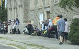 There were small, medium and large lineups at food banks across the city from Scarborough to downtown Toronto on Friday, Sept. 6, 2024. A large size is pictured gathering before lunchtime at the Allan Gardens Food Bank in St. Luke's United church at the corner of Sherbourne and Carlton Sts.