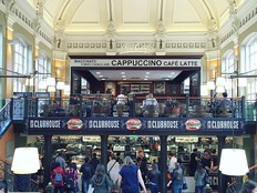 Wide view of interior of McDonalds in Nyugati Rail Station in Budapest.
