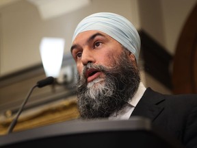New Democratic Party Leader Jagmeet Singh speaks in the Foyer of the House of Commons on Parliament Hill in Ottawa on Thursday, June 13, 2024.