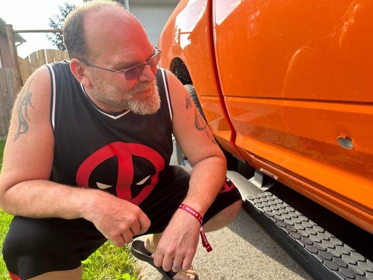 Chris Finley's Dodge pickup was struck by a stray bullet during a shooting at a Keswick park which killed two people on Sept. 18, 2024. (Jack Boland, Toronto Sun) 