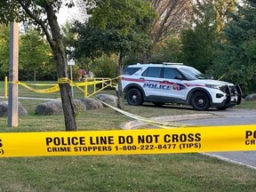 A York Regional Police vehicle is pictured ay Bayview Park in Keswick after an early morning shooting left two people dead on Wednesday, Sept. 18, 2024.