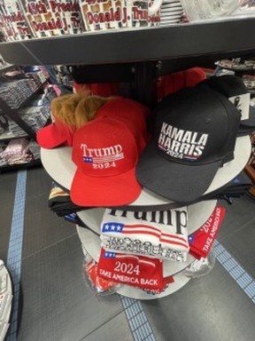 Election hats and t-shirts are a hot item in New York City this fall -- Joe Warmington photo