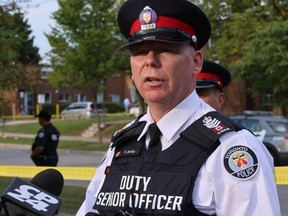 Toronto Police Duty Insp. Todd Jocko is pictured after two men were shot and killed Tuesday afternoon in the Driftwood Ave.-Jane St. area. (Jack Boland, Toronto Sun)