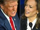 Esta combinación de imágenes creadas el 10 de septiembre de 2024 muestra al expresidente estadounidense y candidato presidencial republicano Donald Trump (izquierda) y a la vicepresidenta estadounidense y candidata presidencial demócrata Kamala Harris participando en un debate presidencial en el Centro Nacional de la Constitución en Filadelfia, Pensilvania. , el 10 de septiembre de 2024.