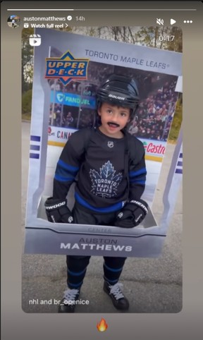 Maple Leafs captain Auston Matthews reshared Grayson Joseph's costume on Instagram..